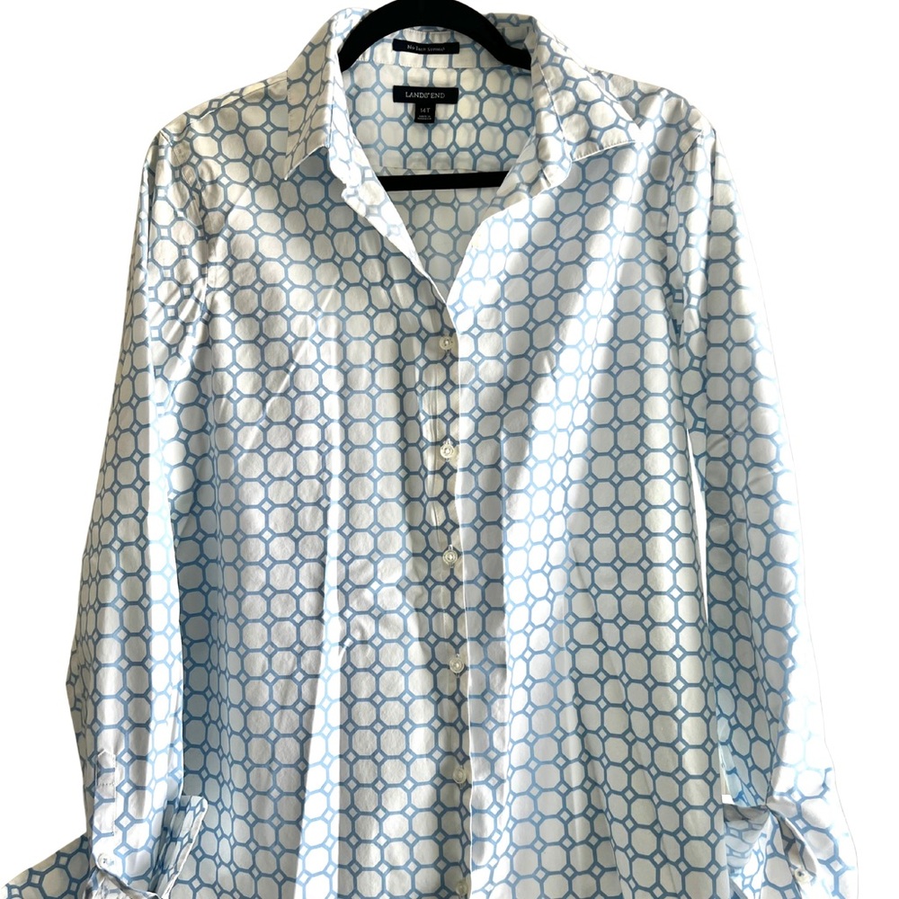 Lands' End White and Blue Patterned Button Down Shirt